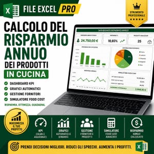 Può includere: Uno schermo di un laptop mostra un dashboard finanziario con grafici. Il software, intitolato "File Excel Pro", calcola il risparmio annuale per i prodotti da cucina. Il testo include "Dashboard KPI", "Grafici automatici" e "Simulatore dei costi alimentari."