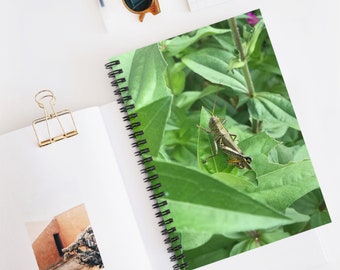 Cahier à spirales sauterelle, pages lignées, feuilles vertes, fleurs, sauterelle, insectes, journal de photographie inspiré de la nature