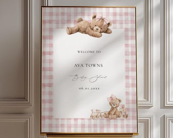 Pink Gingham Baby Shower Welcome Sign Template, We Can Bearly Wait, Pink Bows, Baby Shower Decor, Canva Template, WCBG4