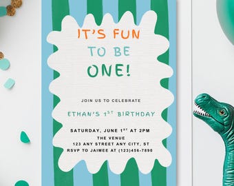 First Birthday Invitation, It's Fun to Be One Birthday Invitation Template, Picture Invite, Bold Stripes, Wavy Border, Colorful Invite, CFB1