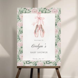 Baby Shower Welcome Sign, Ballerina Baby Welcome Sign Template, Floral and Bows Invite,  Canva Template, PBI4