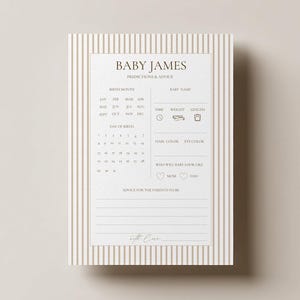 Baby Shower Predictions and Advice Card Template, Light Brown Stripes, Minimalist, Canva Template, WCB