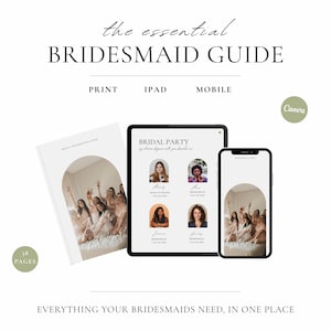 May include: A white guide titled "The Essential Bridesmaid Guide" with the text "Print, iPad, Mobile". The guide is shown as a print book, a tablet, and a smartphone. The text "Everything Your Bridesmaids Need, In One Place" is at the bottom.