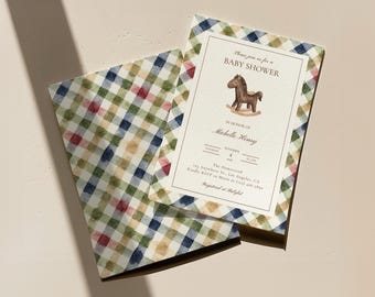 Plaid Rocking Horse Baby Shower Invitation, Editable Template, Equestrian Themed Invite, Canva Template, RHI