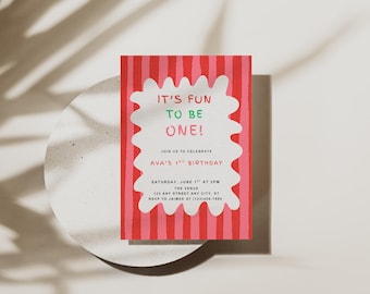 It's Fun to Be One Birthday Party Invitation Template,  Picture Invitation, First Birthday Invitation, Bold Stripes, Colorful Theme, OGB1