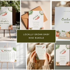 May include: A collection of baby shower stationery with a locally grown theme. The designs feature watercolor illustrations of vegetables, including pumpkins, peppers, and cauliflower. The text includes "Welcome to Shayla's Baby Shower" and "Baby Towns."