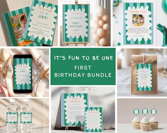 First Birthday Invitation Bundle Template, It's Fun to Be One, Welcome Sign, Milestone Sign, Fun Colorful Theme, CFB1