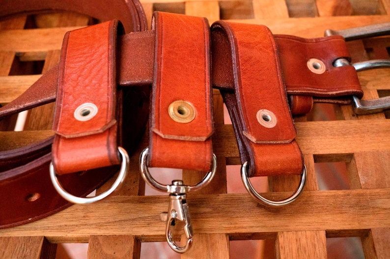 May include: Four brown leather belt loops with silver metal rings and a silver metal clip. The loops are attached to a brown leather belt.