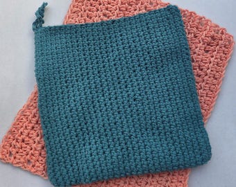 Juego de agarradera y paño de cocina de ganchillo, algodón liso, doble grosor, resistente al calor.