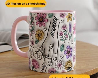 Personalised mug for mum, holding hands gift for mothers day, Floral coffee mug