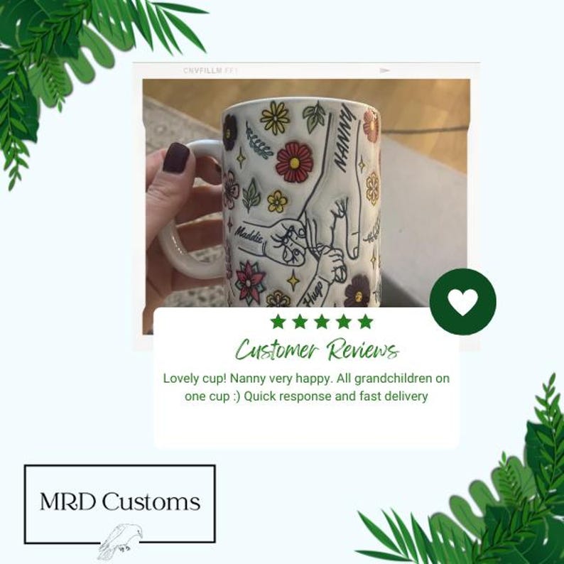 Happy Customers’ testimonial graphic featuring customer reviews from MRD Customs in a green leafy-border design