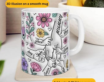 Personalised mug for nana, 3D Inflated Effect Printed Mug, birthday gift for her, Mother's Day Gifts for mum, Floral Mug, Holding Hands Mug