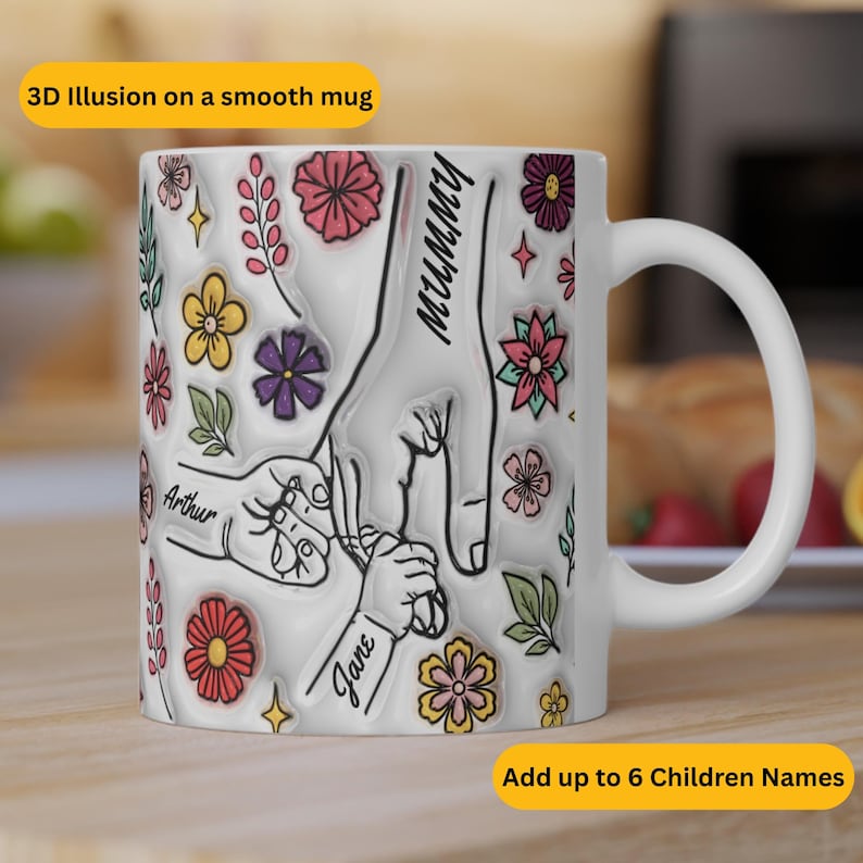 Personalised mug for her, Holding Hands Mug, 3D Inflated Effect Printed Mug, Mothers day gift, birthday gift for Nanny, valentines gift image 1
