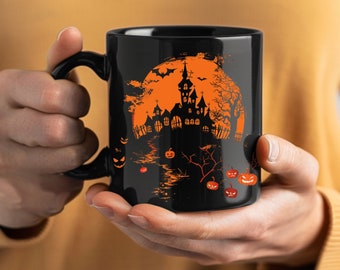 Haunted House Halloween Mug, Gothic Coffee Cup, Spooky Moon Bats Design, Goth Gift for Her
