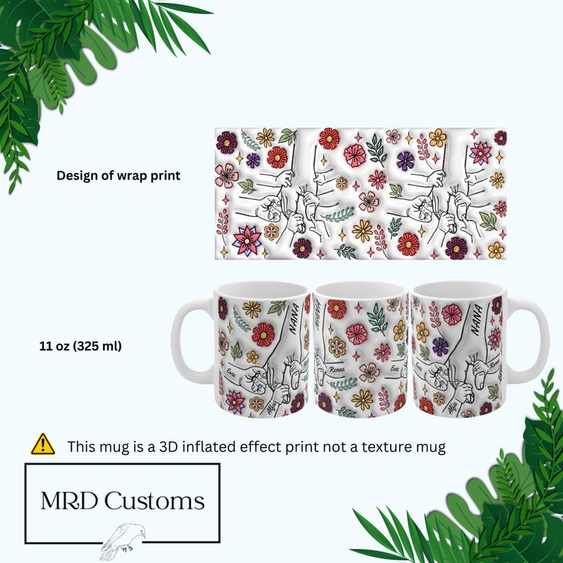 May include: White ceramic mug with a 3D printed design of hands holding each other with the word "NANA" and floral accents. The mug is 325 ml.