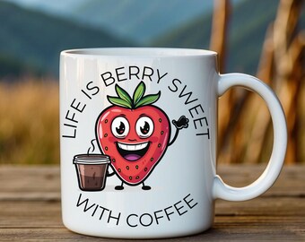 strawberry mug gift for female friend, funny mug for 30th Birthday, Cute coffee cup for girlfriend, fruit print gift, morning routine