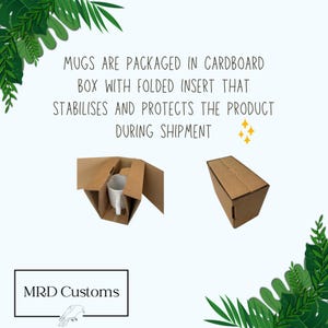 MRD Customs packaging image — white mug nestled in cardboard box with protective insert to stabilize and protect during shipping