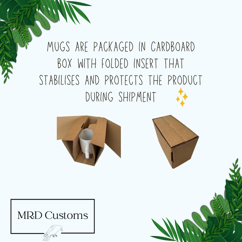 MRD Customs packaging image — white mug nestled in cardboard box with protective insert to stabilize and protect during shipping