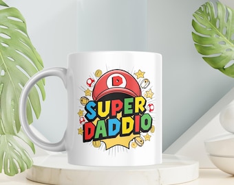 Super Daddio Retro Gaming Mug, Funny Father's Day Gift for Gamer Dad, Personalised Coffee Cup for Him