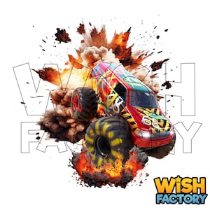 May include: A red, black, and yellow monster truck with the number 68 on the side, driving through a large explosion of smoke and fire. The truck is on its back wheels and the front wheels are in the air. The background is white. The text "WISH FACTORY" is in the bottom right corner of the image.