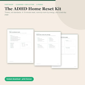 May include: A six-page ADHD Home Reset Kit document set featuring checklists for a 10-minute reset, room-by-room cleaning tasks organized by energy levels, and a decision page. The pages are white with dark green text and headers.