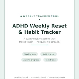 ADHD Habit Tracker Printable, Weekly Reset Planner Spreadsheet, Excel Habit Tracker with Auto Progress, Digital Download for Adults