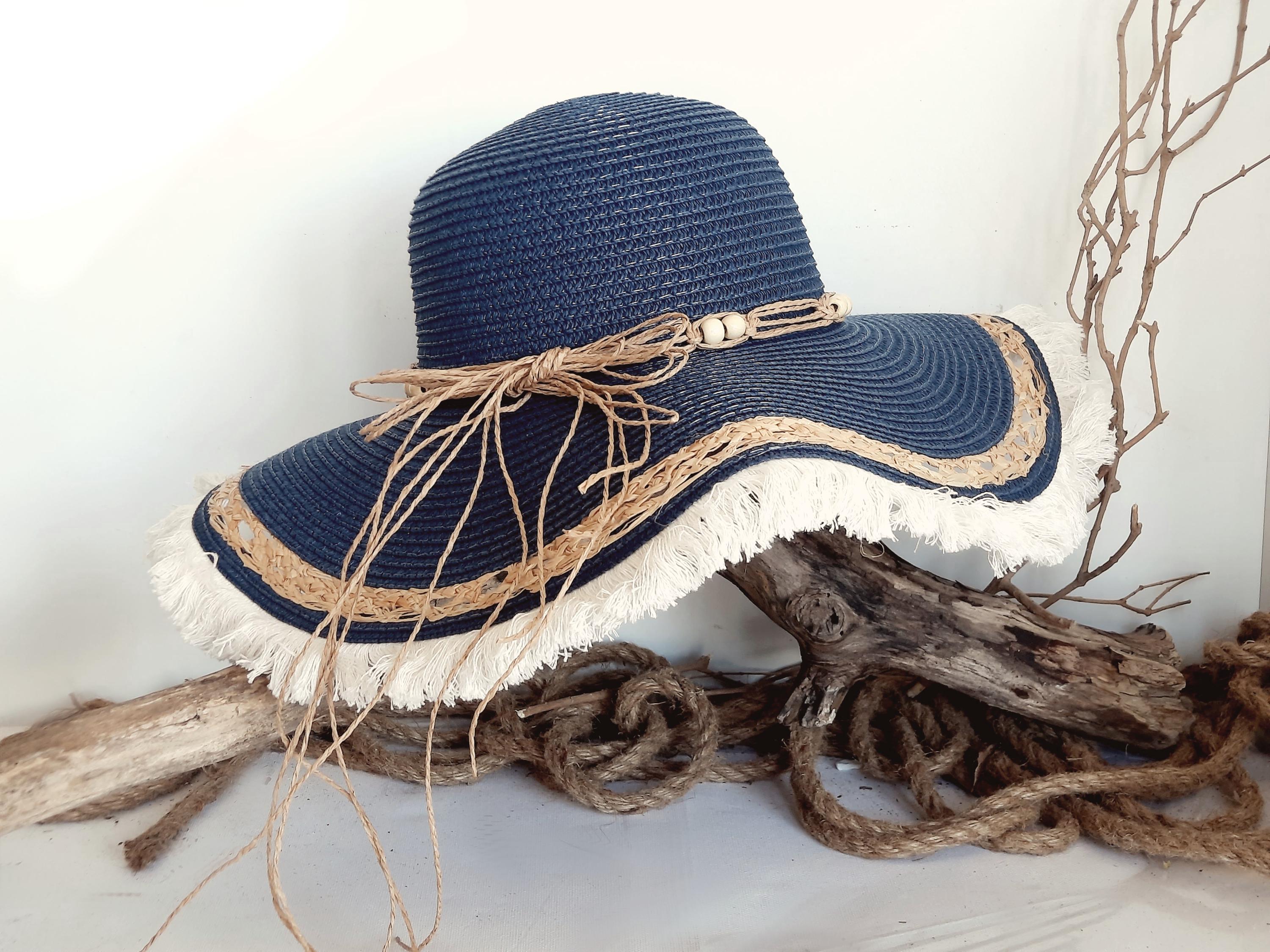 Boho Straw Hat Summer Hat Dark Blue With Fringes | Hat Band  display picture 1