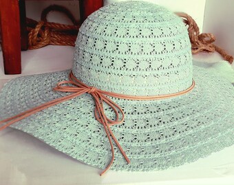 Summer hat cotton in crochet look | Mint light blue