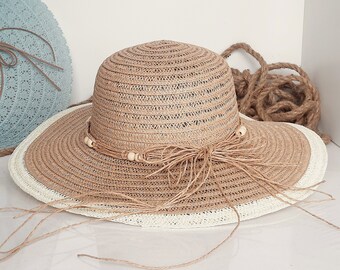 Straw hat summer hat in boho style in dark beige