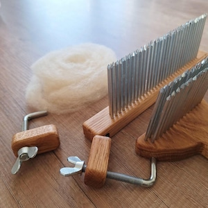Handcrafted Oak Wool Comb Set with Angled Tines, Premium Fiber Prep Tool for Spinners and Weavers, Wool Carding Station with Diz