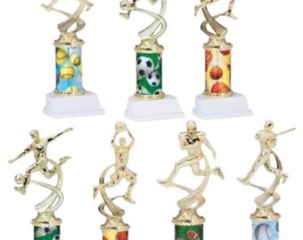 May include: Set of eight gold-colored sports trophy figurines with a variety of sports figures, including basketball, soccer, baseball, and football players. Each trophy has a white base and a column with a colorful design of different sports balls.
