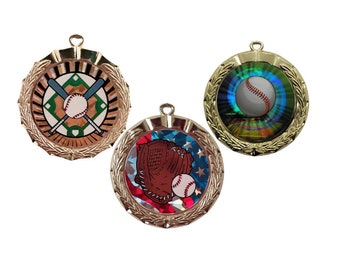 Baseball Gold Silver Bronze Medal Awards 2 3/4" Personalized with Neck Ribbons Red White Blue (1-10-25-50-100 pc)