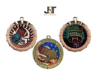 Football Gold Silver Bronze Medal Awards 2 3/4" Personalized with Neck Ribbons Red White Blue (1-10-25-50-100 pcs)