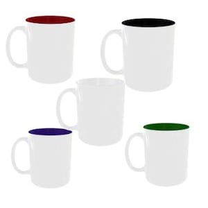 May include: Five white ceramic mugs with colored rims. The mugs have a red, black, white, blue, and green rim.