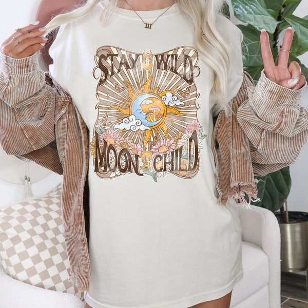 Stay Wild Moonchild Retro T-Shirt - Celestial Boho Tee for Free Spirits