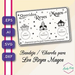 Puede incluir: Plantilla imprimible en blanco y negro para una bandeja o charola para la celebración del Día de Reyes. La plantilla presenta el texto "Queridos Reyes Magos" y tres círculos con los nombres Gaspar, Melchor y Baltasar.