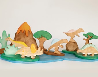 Volcano Valley Playscape Montessori y Waldorf inspirados en madera del período jurásico dinosaurios de madera Volcano Play Set juguetes de madera