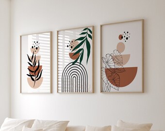 Boho Abstract Wall Art Prints, Set of 3 Prints, Beige, Green, Terracotta, Bohemian Wall Art, Digital Download