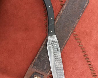 Large knife made from farriers rasp, paisley leather sheath