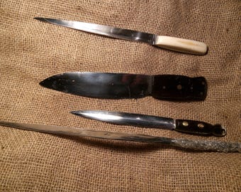 various letter openers, camel bone, cocobolo, geode handles