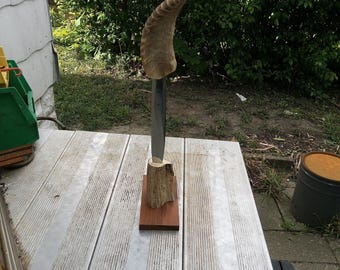 Goat horn handle dagger with deer antler stand, altar dressing, athame, sacrificial