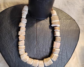 Large deer antler bead necklace, leather adjustable cord