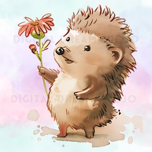 8 hérissons mignons tenant des fleurs | Style Aquarelle | Clipart | 8 JPG et PNG de haute qualité | Utilisation commerciale