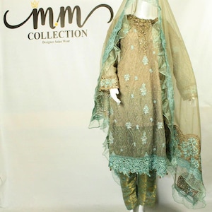 Seafoam Green and Gold South Asian Shalwar Kameez - Embroidered Formal Dress, Wedding Party Outfit