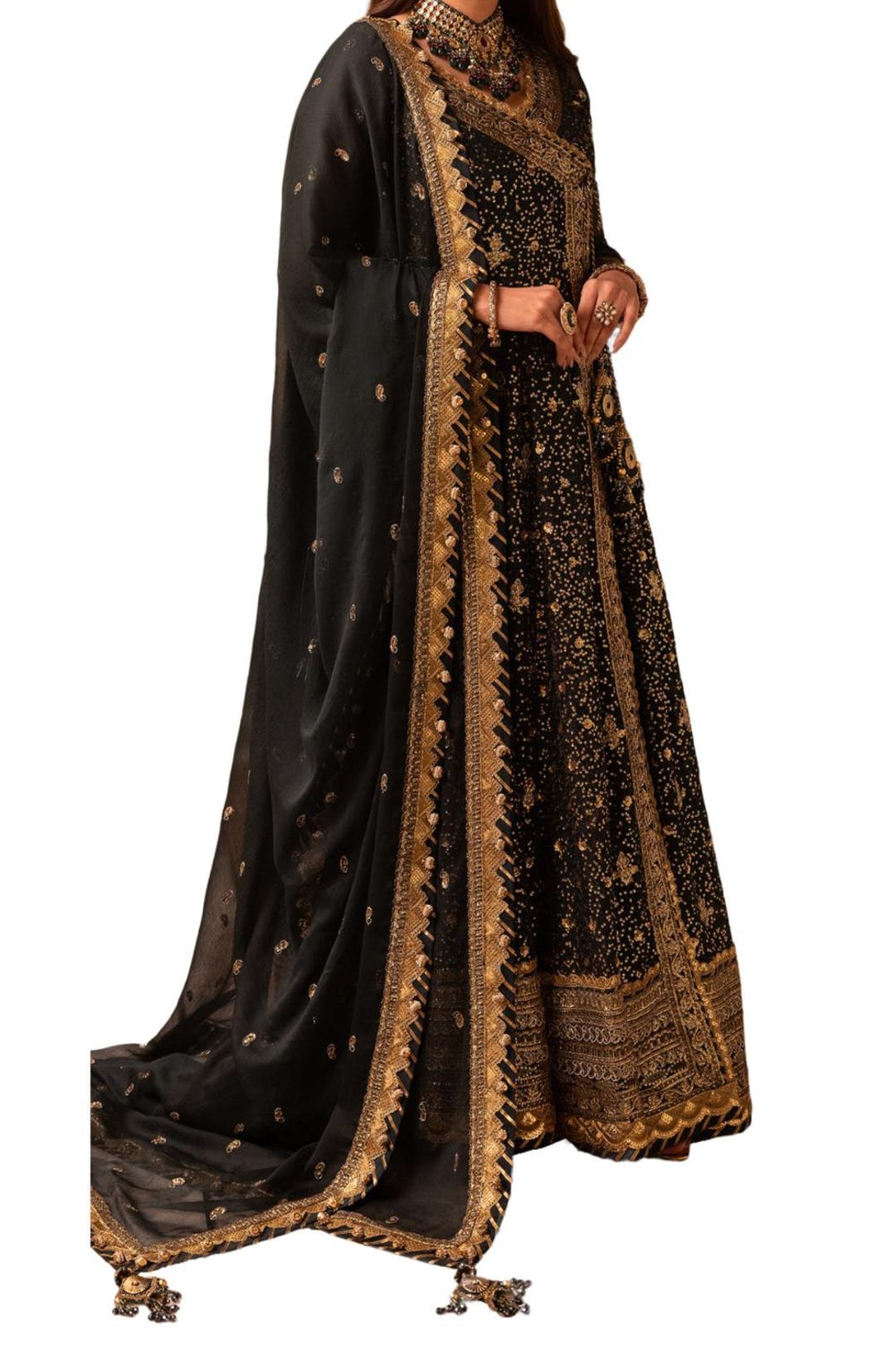 black and gold asian dress Pakistan Black And Gold Asian Dress Traditional Pakistani Wedding Dress  Black Gown Gharara XLARGE