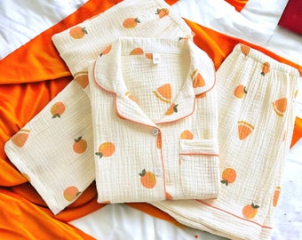 Sleepwear Orange Print Cotton Pajama Set, Soft And Cozy Nightwear, Great Gift For Relaxation