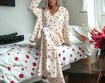 Pajama Set with Cream Hearts - Comfy Cotton Loungewear, Romantic Sleepwear Gift for Women