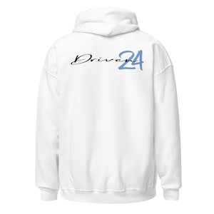 May include: White hoodie with a blue and black graphic that says "Driven 24" on the back.