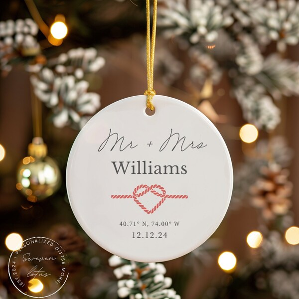 Custom Mr. and Mrs. Ornament, Tie the knot ornament, Ornament for a married couple, Marriage Keepsake ornament, Ornament with the location.