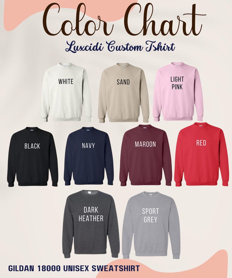 Puede incluir: Carta de colores que muestra 10 colores diferentes de sudaderas unisex Gildan 18000. Los colores son: blanco, arena, rosa claro, negro, azul marino, granate, rojo, gris oscuro jaspeado, gris deportivo.